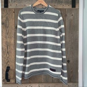 Men’s L TOMMY HILFIGER Gray Striped Rolled Hems Oarsman Pullover Sweater MINT EC